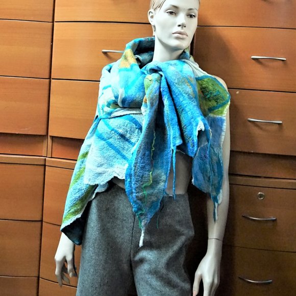 HUGE FELTED WOOL COTTON SHAWL HANDMADE IN EUROPE UNIQUE GIFT - Picture 6 of 8